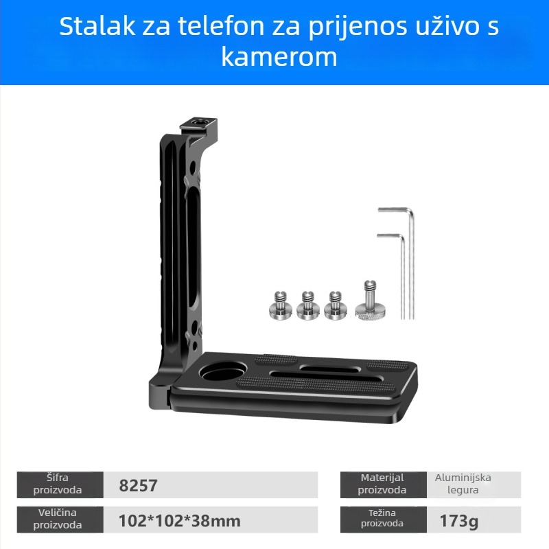 Aluminijski L-oblik držač kamere i pametnog telefona s bazom za brzo pričvršćivanje, univerzalni dodatak za stativ