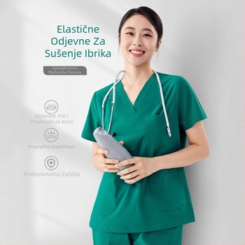 Unisex set radne odjeće u stilu laboratorijskog mantila, materijal poliester-elastan, odvodi vlagu, kratki rukav, V-izrez, set gornji dio i donji dio