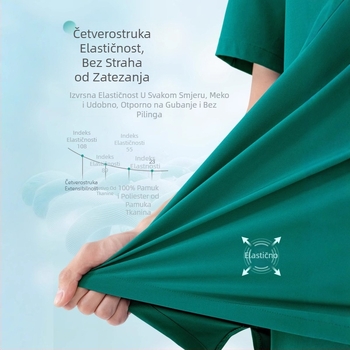 Unisex set radne odjeće u stilu laboratorijskog mantila, materijal poliester-elastan, odvodi vlagu, kratki rukav, V-izrez, set gornji dio i donji dio