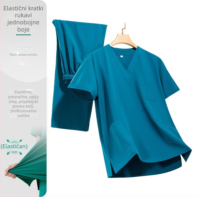 Unisex set radne odjeće u stilu laboratorijskog mantila, materijal poliester-elastan, odvodi vlagu, kratki rukav, V-izrez, set gornji dio i donji dio