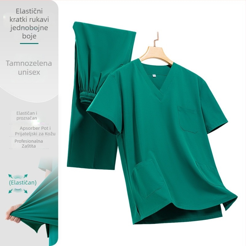 Unisex set radne odjeće u stilu laboratorijskog mantila, materijal poliester-elastan, odvodi vlagu, kratki rukav, V-izrez, set gornji dio i donji dio