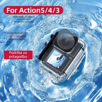 Vodootporna kutija za DJI Osmo Action 3/4/5 PRO — Model Action5/4/3, Materijal: PC 306, nehrđajući čelik, kaljeno staklo, Težina 86 g, Uključeno: vodootporna kućišta, baza, vijci, ključ