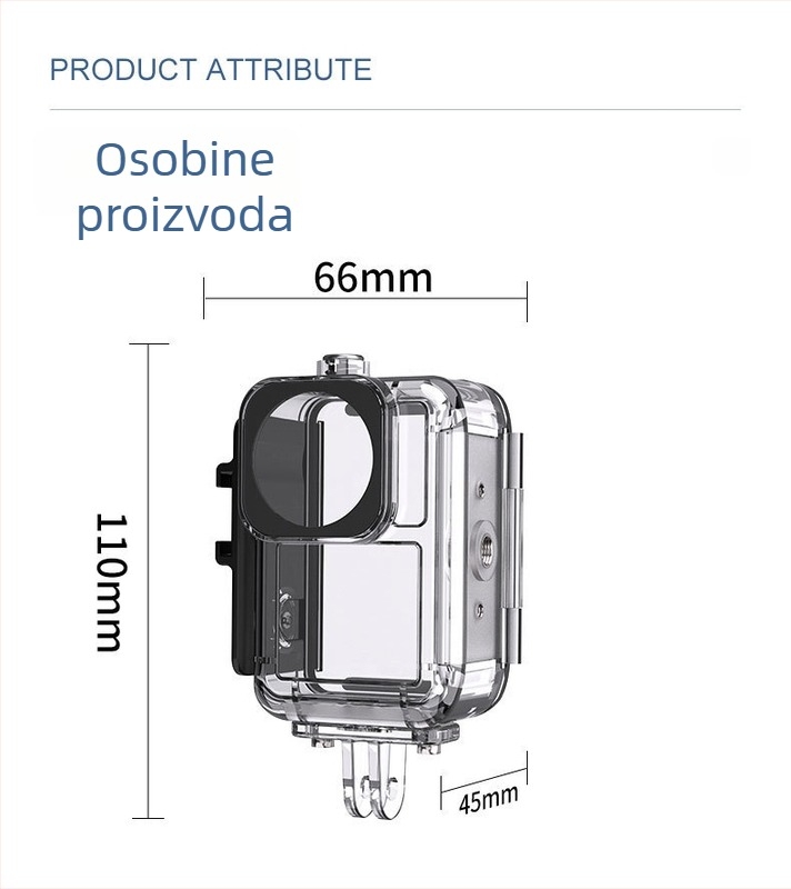 Vodootporna kutija za DJI Osmo Action 3/4/5 PRO — Model Action5/4/3, Materijal: PC 306, nehrđajući čelik, kaljeno staklo, Težina 86 g, Uključeno: vodootporna kućišta, baza, vijci, ključ