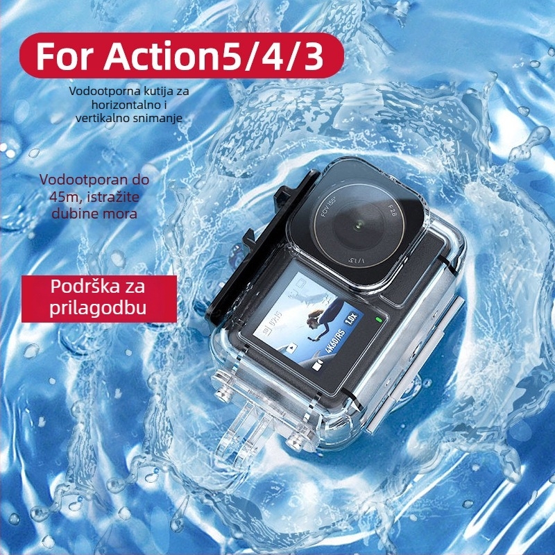 Vodootporna kutija za DJI Osmo Action 3/4/5 PRO — Model Action5/4/3, Materijal: PC 306, nehrđajući čelik, kaljeno staklo, Težina 86 g, Uključeno: vodootporna kućišta, baza, vijci, ključ