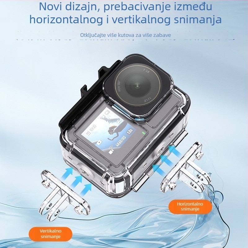 Vodootporna kutija za DJI Osmo Action 3/4/5 PRO — Model Action5/4/3, Materijal: PC 306, nehrđajući čelik, kaljeno staklo, Težina 86 g, Uključeno: vodootporna kućišta, baza, vijci, ključ