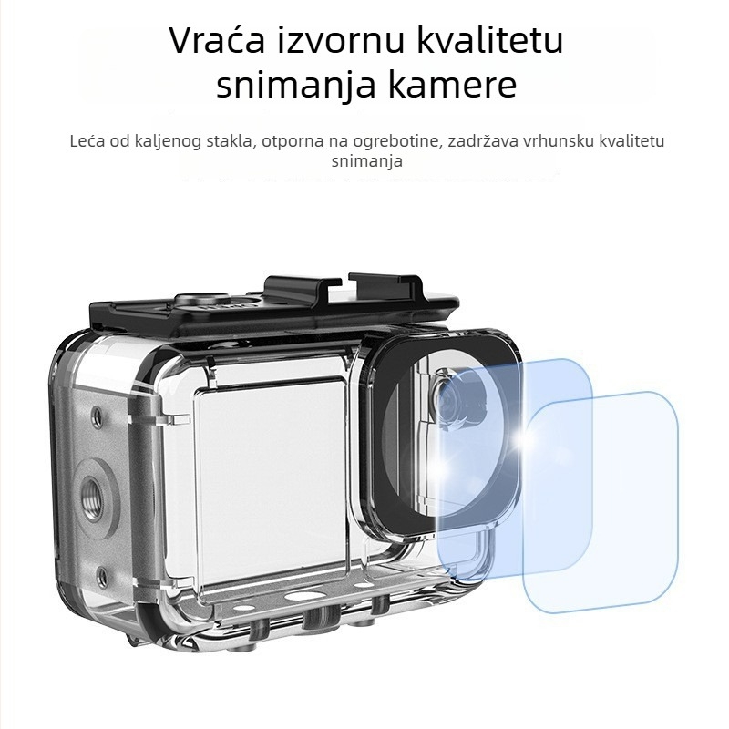 Vodootporna kutija za DJI Osmo Action 3/4/5 PRO — Model Action5/4/3, Materijal: PC 306, nehrđajući čelik, kaljeno staklo, Težina 86 g, Uključeno: vodootporna kućišta, baza, vijci, ključ