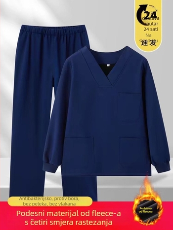 Unisex medicinski radni set — zimski, dugi rukavi, V-izrez, tkanina poliester/spandeks (90–95% poliester)