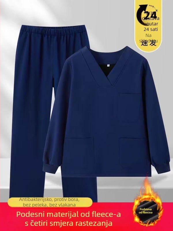 Unisex medicinski radni set — zimski, dugi rukavi, V-izrez, tkanina poliester/spandeks (90–95% poliester)