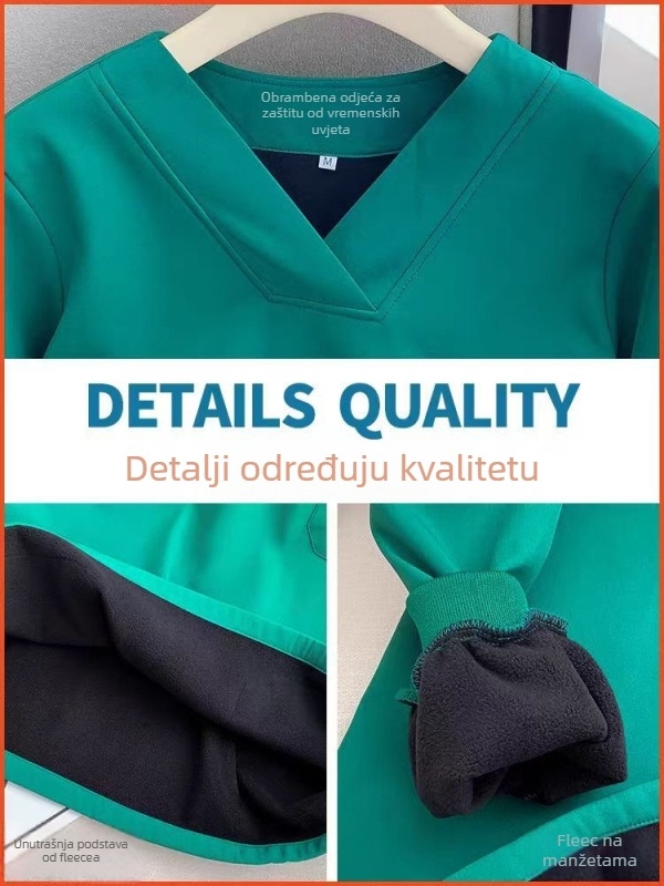 Unisex medicinski radni set — zimski, dugi rukavi, V-izrez, tkanina poliester/spandeks (90–95% poliester)