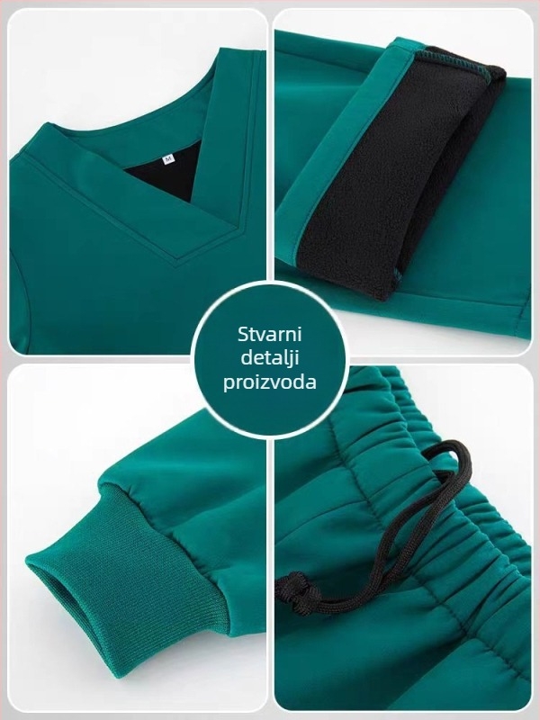 Unisex medicinski radni set — zimski, dugi rukavi, V-izrez, tkanina poliester/spandeks (90–95% poliester)