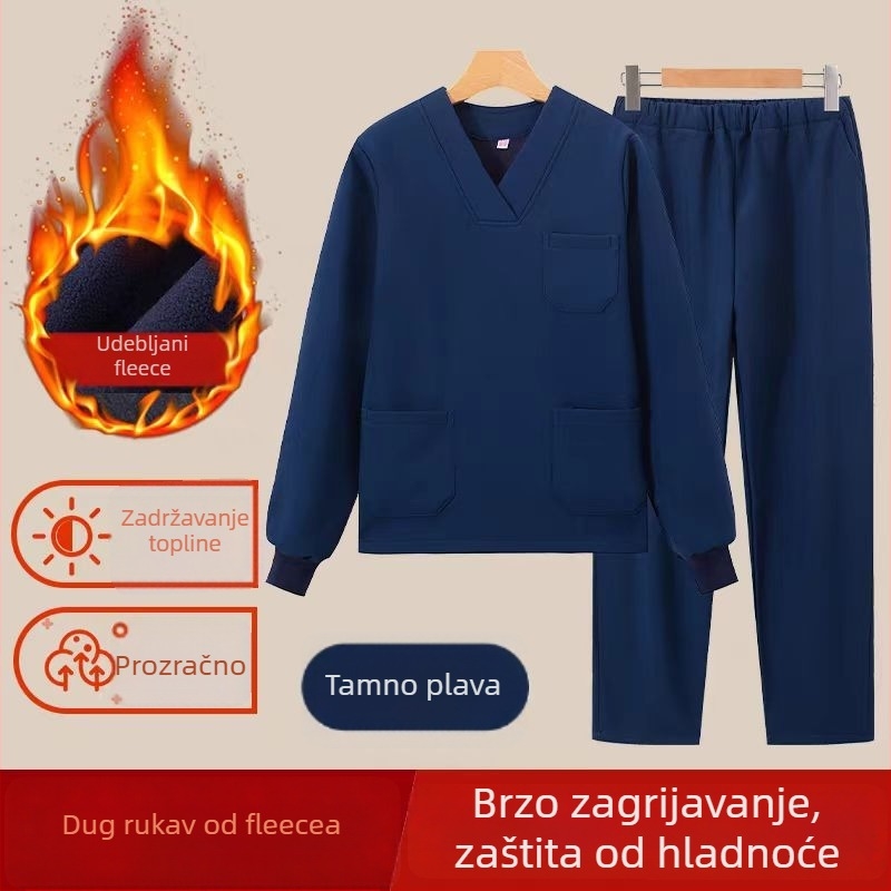 Unisex medicinski radni set — zimski, dugi rukavi, V-izrez, tkanina poliester/spandeks (90–95% poliester)