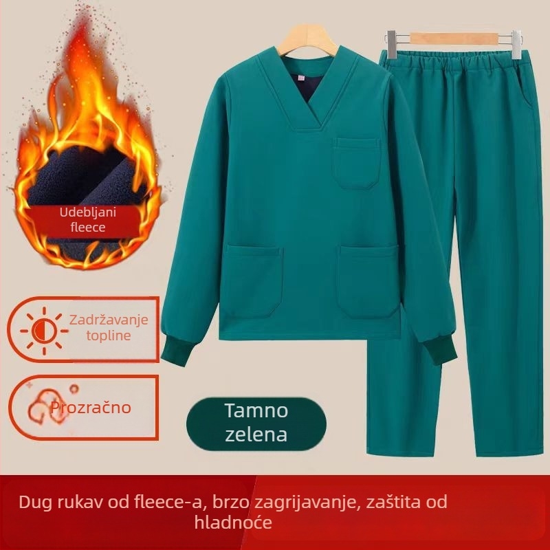 Unisex medicinski radni set — zimski, dugi rukavi, V-izrez, tkanina poliester/spandeks (90–95% poliester)
