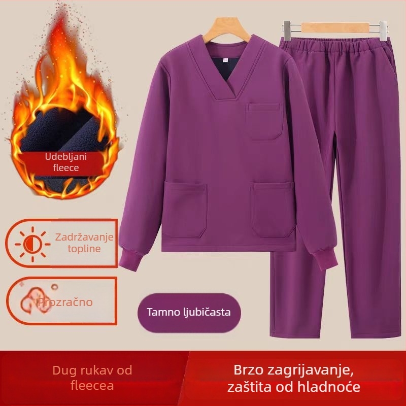 Unisex medicinski radni set — zimski, dugi rukavi, V-izrez, tkanina poliester/spandeks (90–95% poliester)
