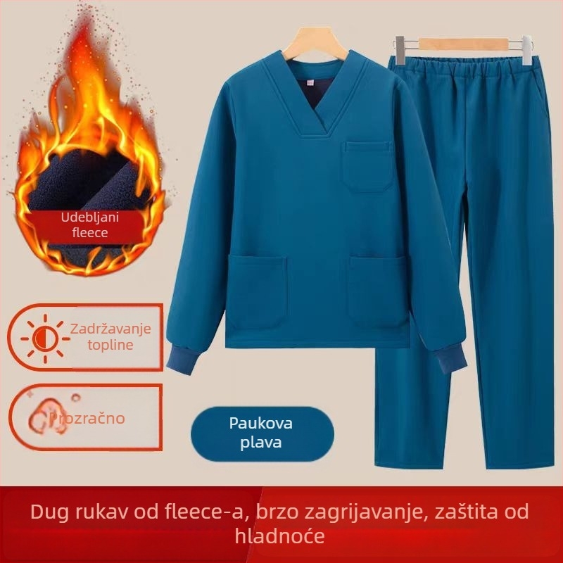 Unisex medicinski radni set — zimski, dugi rukavi, V-izrez, tkanina poliester/spandeks (90–95% poliester)