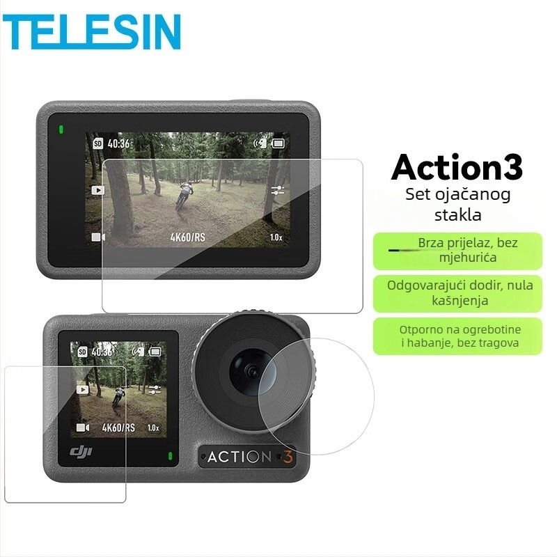 TELESIN zaštitno zaštitno staklo za ekran od kaljenog filma za DJI Action 3/4 – kompatibilno s DJI Action 3/4, materijal: kaljeni film, uključuje kaljeni film i vrećicu s alkoholom
