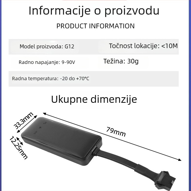 GPS locator za automobile i motore s Beidou – XC-29 – točnost <5 m – napajanje 9-90V – alarmni načini: prekid napajanja, mobilni alarm, geofence, prekoračenje brzine – Karte: Amap/Baidu/Tencent/Google