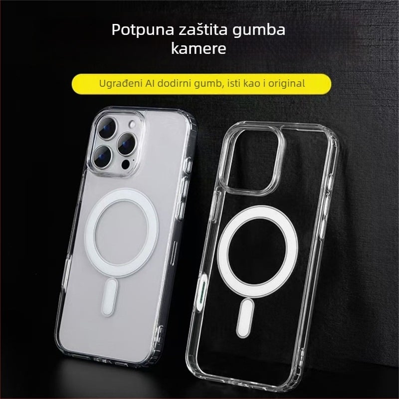 Kućište za iPhone 16 Pro s AI dodirnim gumbom i magnetskim zahvatom za MagSafe (Materijali: akril + TPU; magnetski prsten; AI dodirni gumbi; MagSafe kompatibilno; otpornost na ogrebotine)