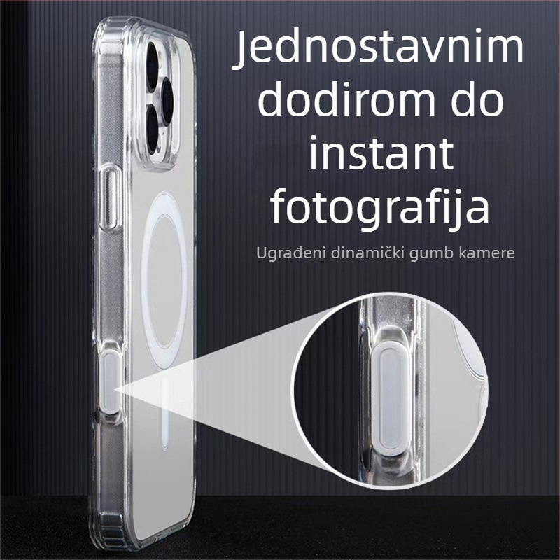 Kućište za iPhone 16 Pro s AI dodirnim gumbom i magnetskim zahvatom za MagSafe (Materijali: akril + TPU; magnetski prsten; AI dodirni gumbi; MagSafe kompatibilno; otpornost na ogrebotine)