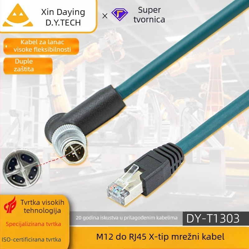 Industrijski Ethernet kabel M12 na RJ45, X-Type, 8-jezgreni bakar, Cat6