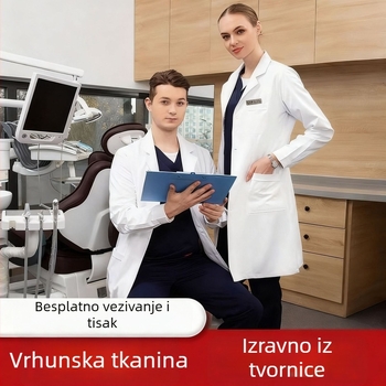 Unisex medicinski kaput s kratkim rukavima, V-izrez, tkanina poliester-bavla (30–50% pamuka), odvodi vlagu, srednja duljina 65–80 cm