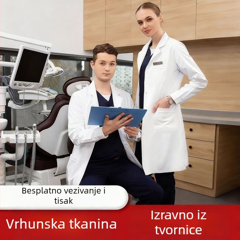 Unisex medicinski kaput s kratkim rukavima, V-izrez, tkanina poliester-bavla (30–50% pamuka), odvodi vlagu, srednja duljina 65–80 cm