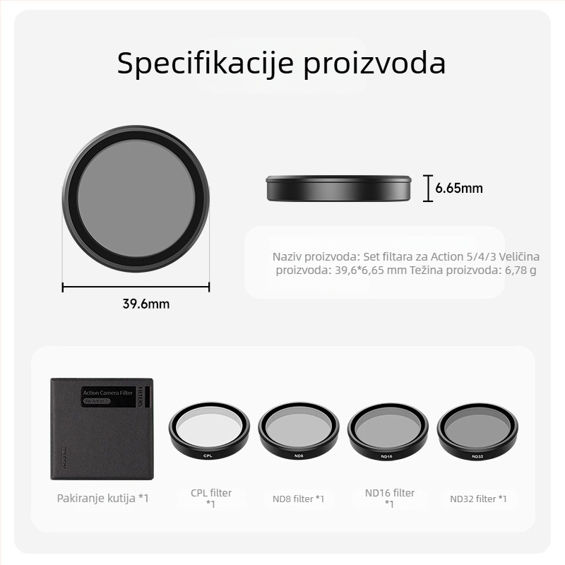 TELESIN Skup filtrov CPL+ND8/16/32 Schott za DJI Osmo Action 3/4/5 – aluminijska legura + optičko staklo