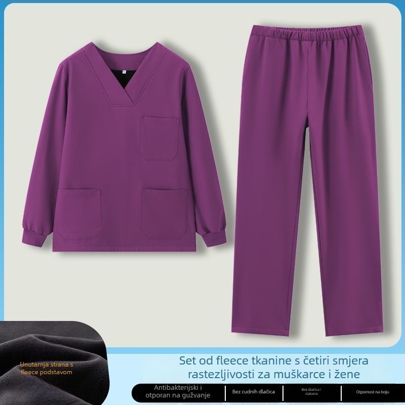 Flis set scrubs s dugim rukavima, odvojeni gornji i donji dio, V-izrez, 90–95% spandex, otporan na prljanje i dezinficiranje