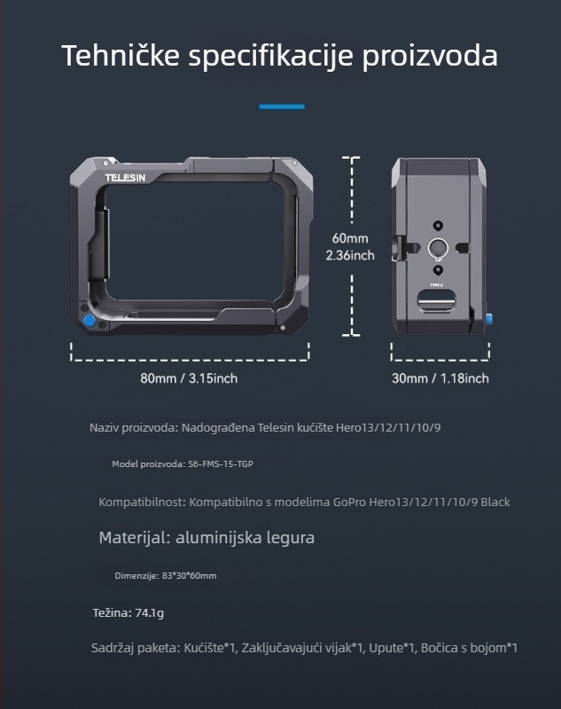 Telesin GP13 metalna kavez za GoPro – nadograđeni model, kompatibilan s HERO 9–13, aluminijska legura, šifra proizvoda S6-fms-15-tgp