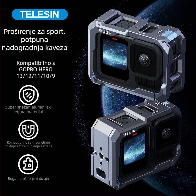 Telesin GP13 metalna kavez za GoPro – nadograđeni model, kompatibilan s HERO 9–13, aluminijska legura, šifra proizvoda S6-fms-15-tgp