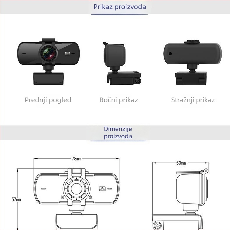 HD bežična web kamera za videokonferencije, s autofokusom i ugrađenim mikrofonom, rezolucija 2560x1440 pri 25fps, USB 2.0