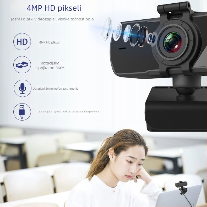 HD bežična web kamera za videokonferencije, s autofokusom i ugrađenim mikrofonom, rezolucija 2560x1440 pri 25fps, USB 2.0