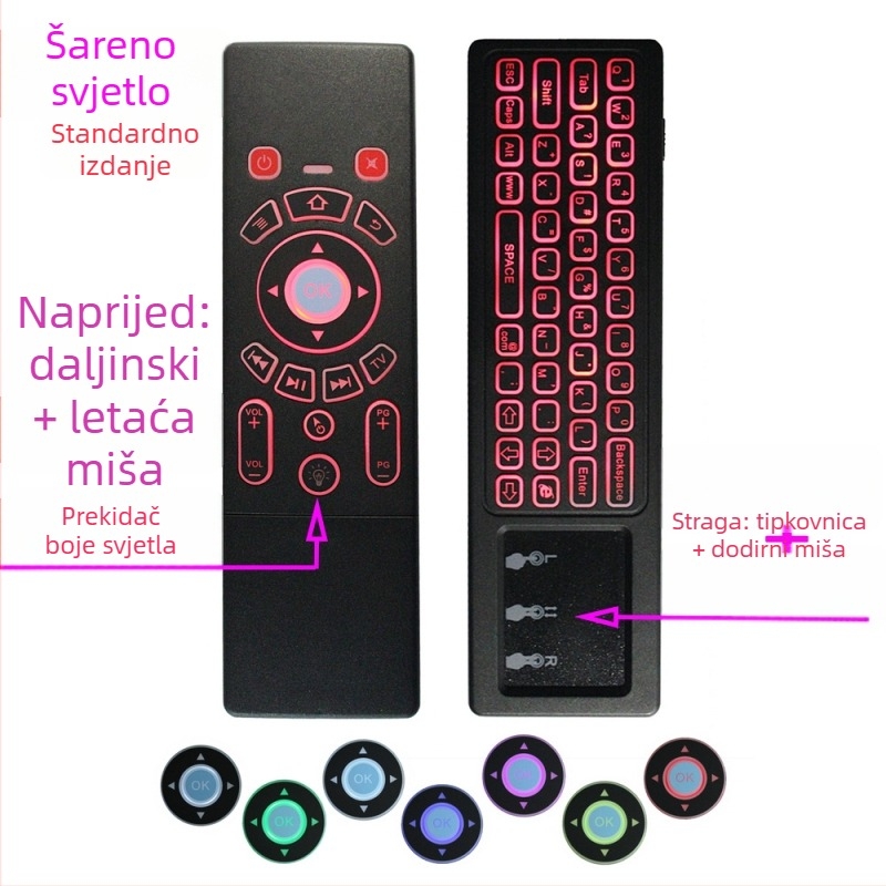 Bežični dvostrani tipkovnica i miš daljinsko upravljanje za set‑top box, projektor i pametni TV — model T6, USB sučelje, domet 10 m, masa 0,18 kg