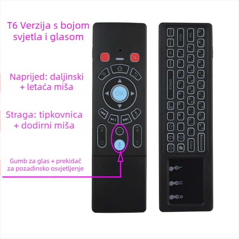 Bežični dvostrani tipkovnica i miš daljinsko upravljanje za set‑top box, projektor i pametni TV — model T6, USB sučelje, domet 10 m, masa 0,18 kg
