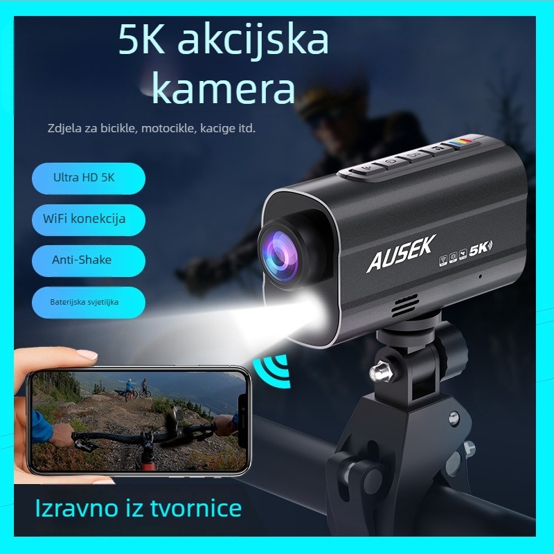Kamera za kacigu za motocikl/bicikl, 5K, Wi‑Fi, noćni vid i stabilizacija slike