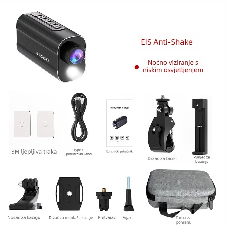 Kamera za kacigu za motocikl/bicikl, 5K, Wi‑Fi, noćni vid i stabilizacija slike