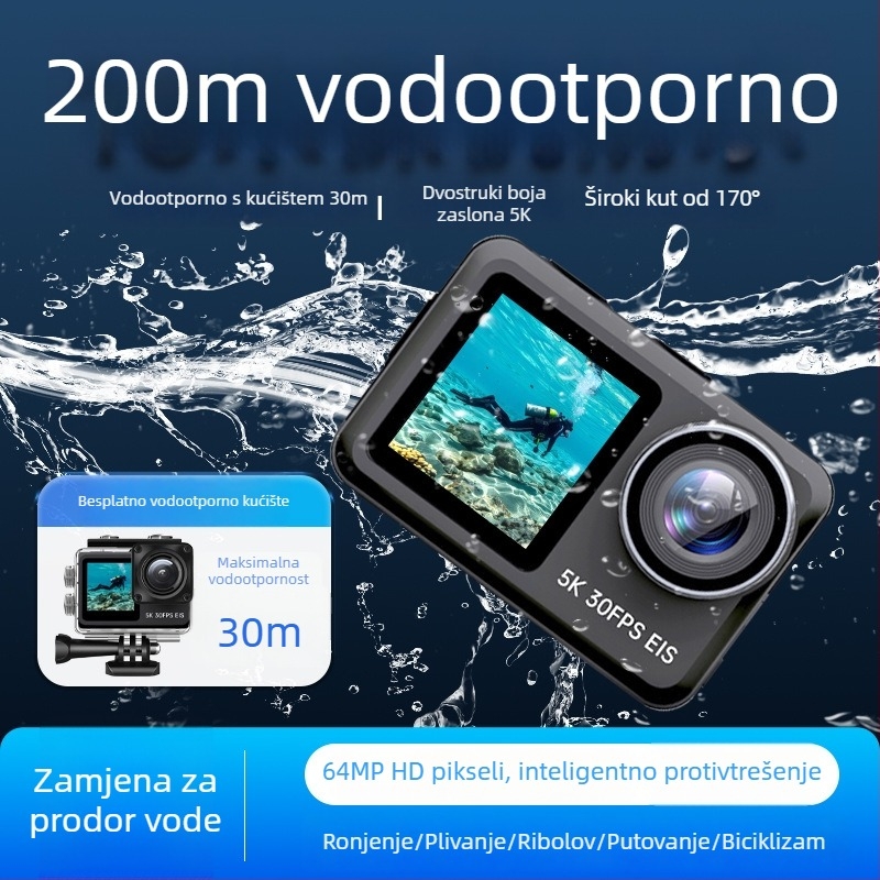 5K30fps akcijska kamera s Wi‑Fi, dva LCD zasloni, vodootporna kućišta i podrška TF kartici uz elektroničku stabilizaciju slike