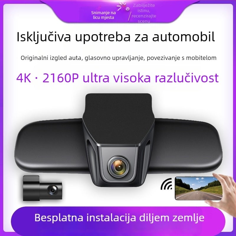 4K dvostruka dash cam s noćnim vidom, prednja i stražnja snimka, Wi‑Fi, ugradnja na retrovizor