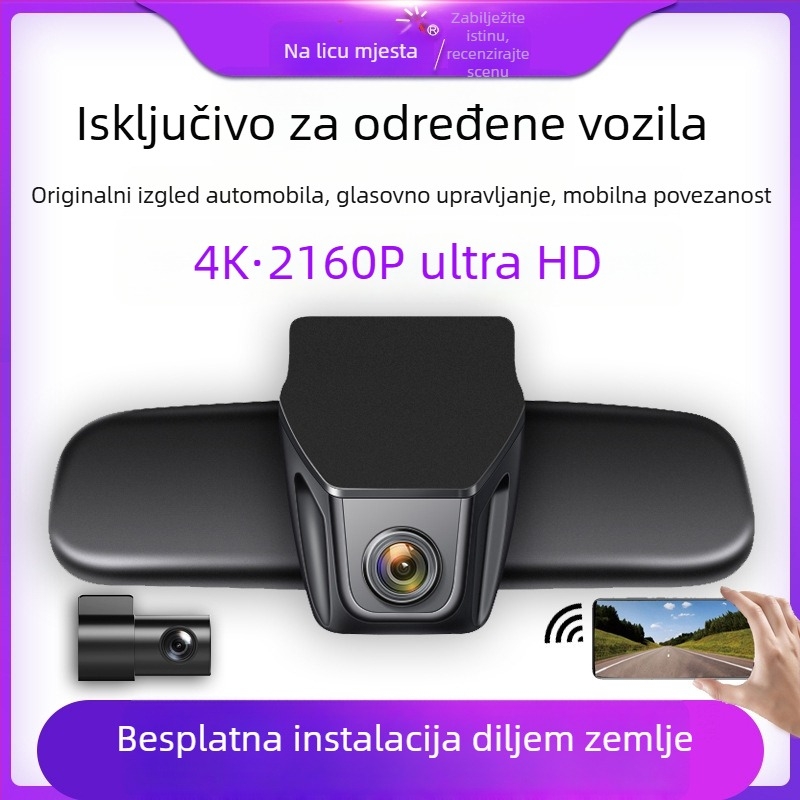 4K dvostruka dash cam s noćnim vidom, prednja i stražnja snimka, Wi‑Fi, ugradnja na retrovizor