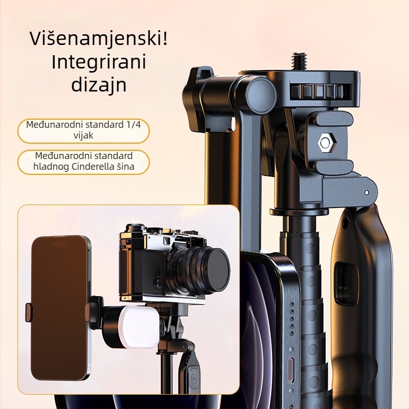 Mobilni tripod za telefon s dvostrukim sustavom kamera za prijenos uživo | aluminijski spoj + ABS plast, Bluetooth daljinsko upravljanje, antivibracijski okvir, prilagodljiv