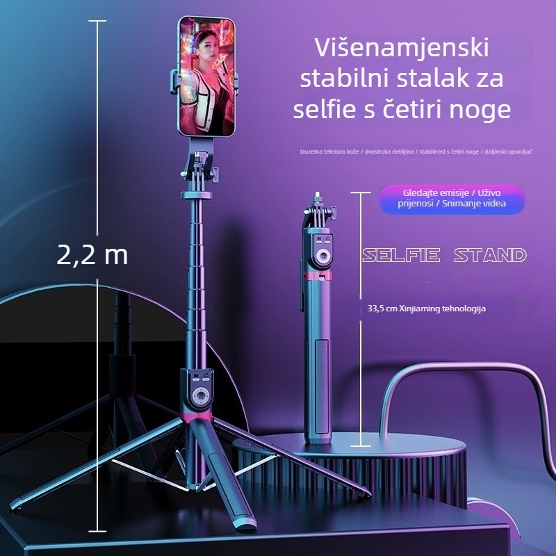 Selfie štap sa stabilizacijom protiv trešenja i teleskopskim dizajnom, držač za telefon, Bluetooth daljinsko upravljanje i ugrađeno LED svjetlo