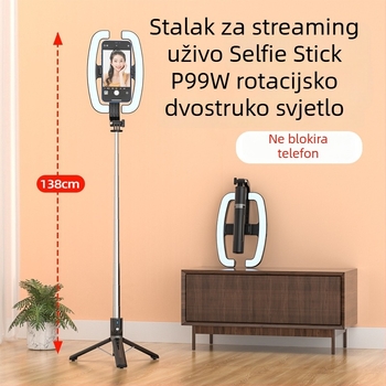 P99W selfie štap s rotirajućim dvostrukim svjetlom, Bluetooth daljinskim upravljanjem, stabilizacija, teleskopijski stolni/podnji stativ za livestreamanje na telefonu