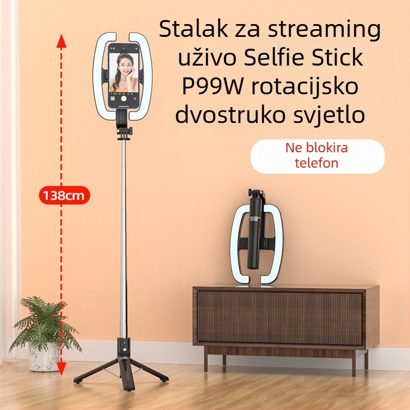 P99W selfie štap s rotirajućim dvostrukim svjetlom, Bluetooth daljinskim upravljanjem, stabilizacija, teleskopijski stolni/podnji stativ za livestreamanje na telefonu
