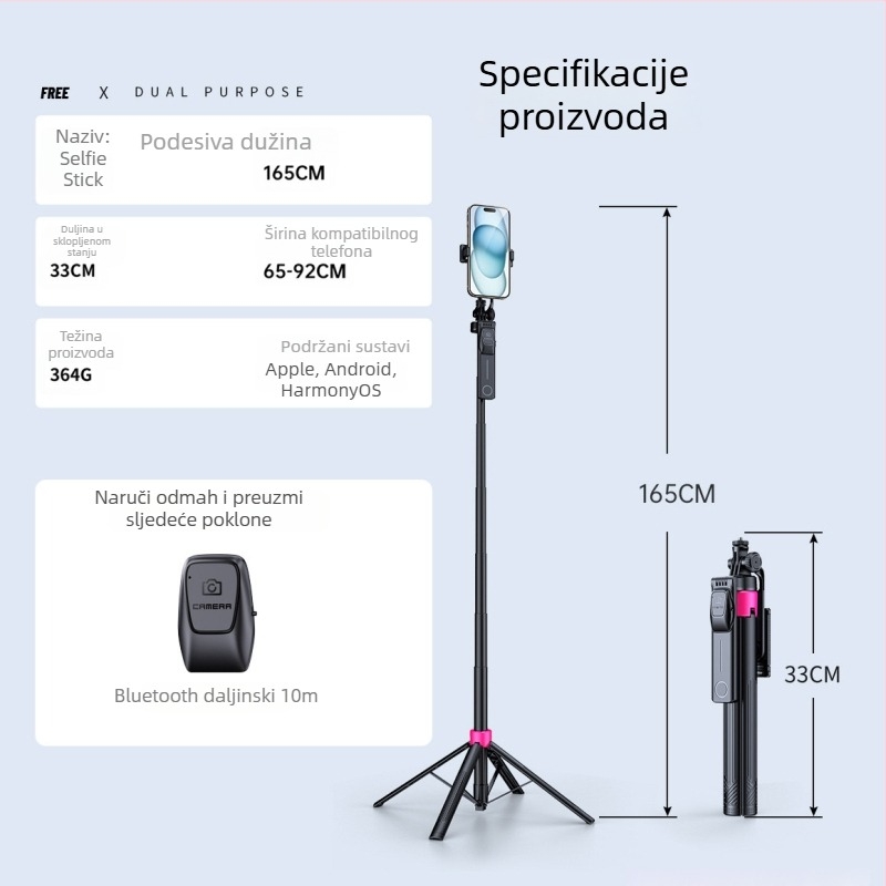 Držač za mobitel s Bluetooth daljinskim upravljanjem, teleskopskim selfie-stativom i tripodom, aluminijska legura, univerzalno