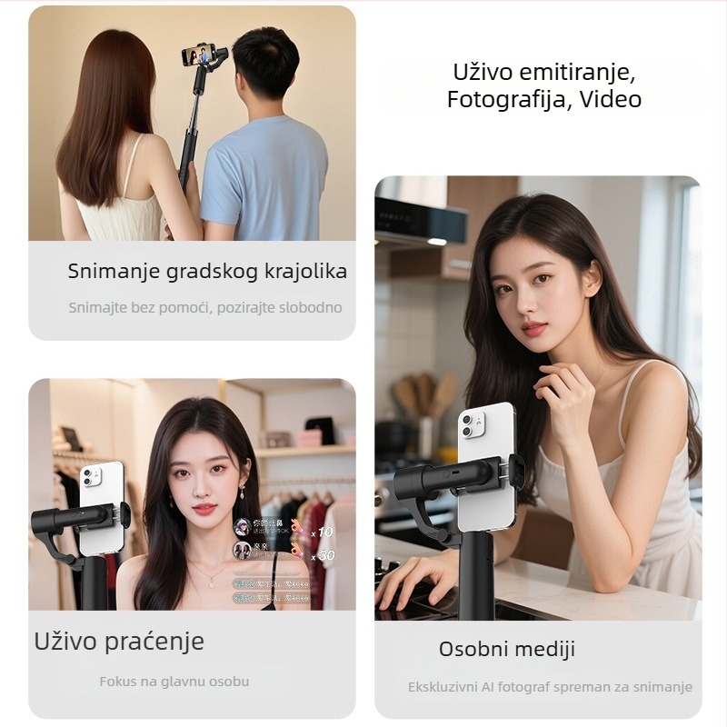 Dvojosni ručni gimbal stabilizator s izvlačnim selfie štapićem, AI praćenje, Bluetooth, daljinsko upravljanje, kućište od legure