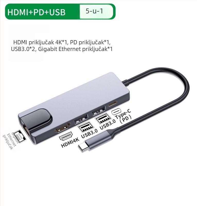 Pet-in-jedan Type-C docking stanica – USB-C sučelje, 5 Gbps, napajanje preko sabirnice