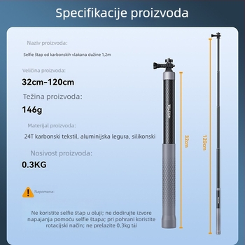 Telesin selfie štap od karbonskih vlakana GP-MNP-002 za univerzalnu akcijsku kameru (Pakiranje: 1× selfie štap)