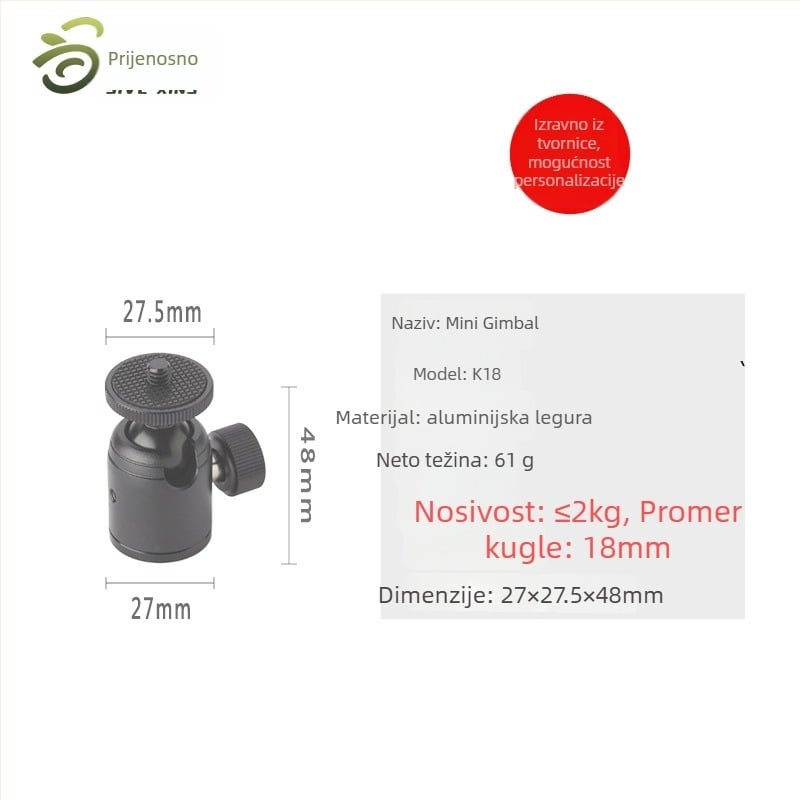 Glava stativa za live streaming, aluminijska legura, model K-18, nosivost 2–5 kg