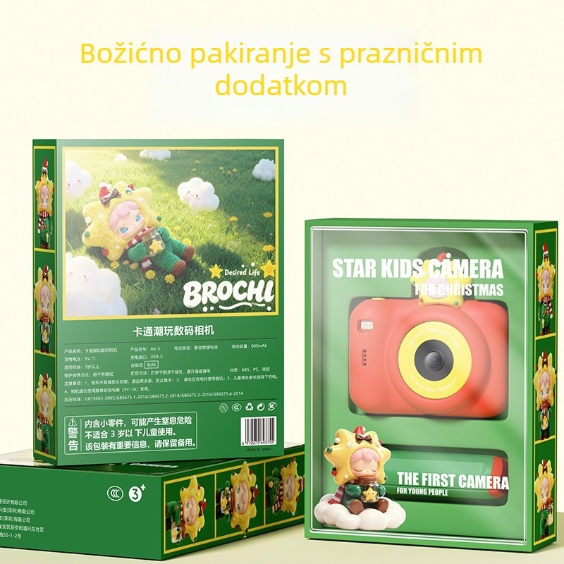 Dječja digitalna kamera A6: senzor 1–5 MP, podrška memorijske kartice, baterija 3–5 sati, igre, foto naljepnice i snimanje videa