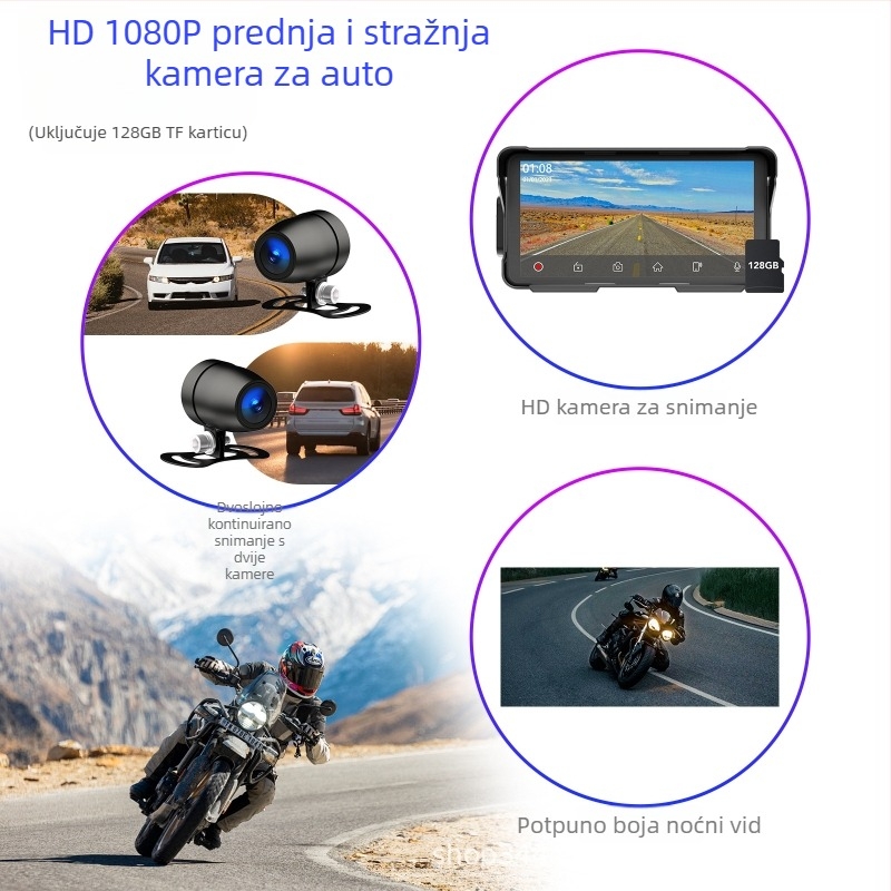 F85 Moto CarPlay dash cam, 150° kut gledanja, 2MP senzor, podržava TF karticu do 256GB, montaža u središnjem kontroleru motocikla
