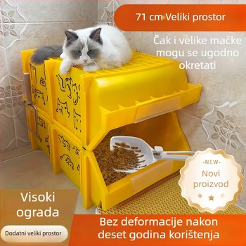 Kutija za mačji pijesak s podignutim debelim zidovima i otvorenim kliznim otvorom protiv prskanja; kutija za dijelove i potrepštine za mačke i pse